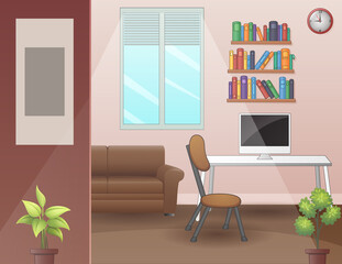 A room with a desk and computer illustration