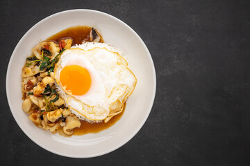Khao Pad Ka Prao Pla Muek Kai Dao, Thai food, streamed rice topped with basil stir fried squid, octopus and fried egg in ceramic plate on dark grey texture background with copy space for text