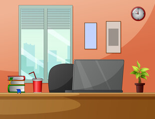 Cartoon workplace room interior with computer illustration