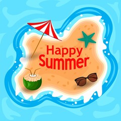 Happy summer banner design social media template. isolated island view in the middle of the sea with umbrella, starfish, young coconut drink, sunglasses. Vector illustration.