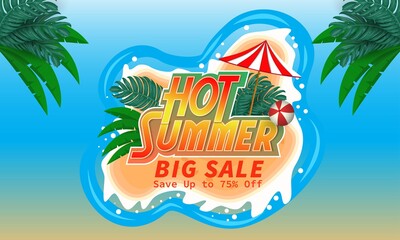 Fototapeta na wymiar Hot summer big sale banner template. Happy summer banner design social media template. isolated island view in the middle of the sea with umbrella, beach ball, and tropical leaves.