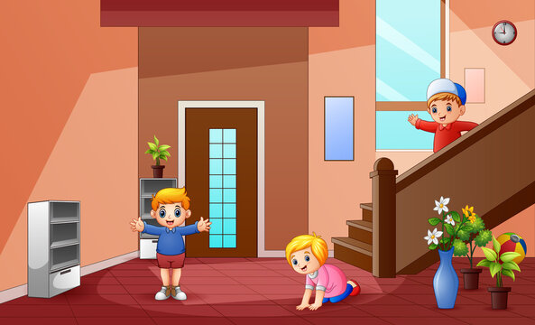 Cartoon little children playing at the home