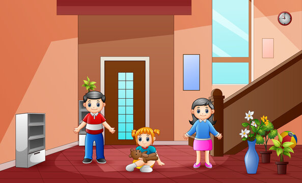 Illustration of parents with their daughter in the house