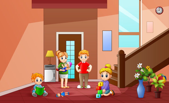 The family spends time at home illustration