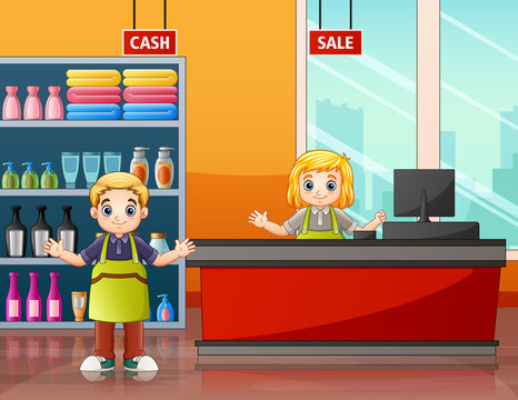 The supermarket workers in the cashier illustration