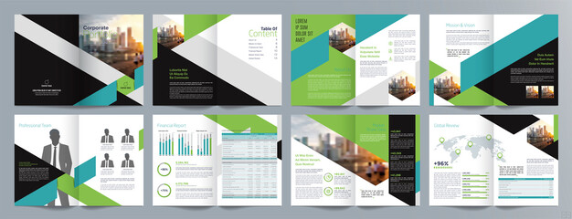 Corporate business presentation guide brochure template, Annual report, 16 page minimalist flat geometric business brochure design template, A4 size.