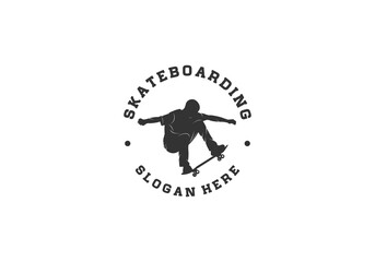 skateboards, emblems, badges and design elements. Skateboarder silhouette in white background