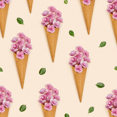 Pattern with waffle ice cream cone filling small pink flowers and green leaves around. Minimal summer concept
