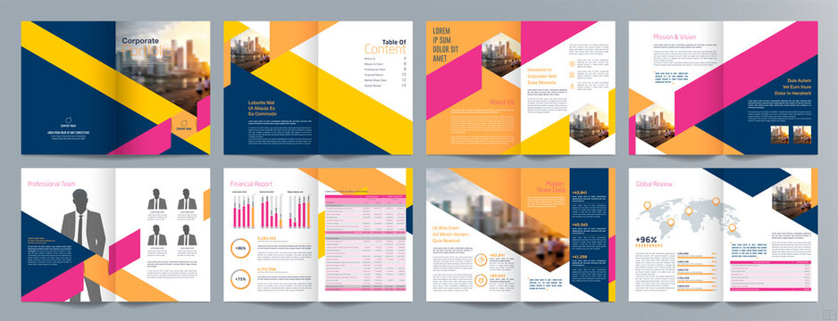 Corporate business presentation guide brochure template, Annual report, 16 page minimalist flat geometric business brochure design template, A4 size.