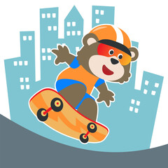 Cute cartoon character bear skater. Vector print with cute bear on a skateboard. Can be used for t-shirt print, kids wear fashion design, fabric textile, nursery wallpaper and other decoration.