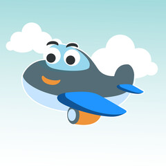 Funny cute airplane is flying in the air. Cartoon hand drawn vector illustration. Can be used for t-shirt printing, children wear fashion designs, baby shower invitation cards and other decoration.