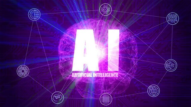 High quality VFX motion graphics animation depicting emerging technology in the Artificial Intelligence AI, with spinning particle brain, symbols and abstract plexus design, in purple color scheme