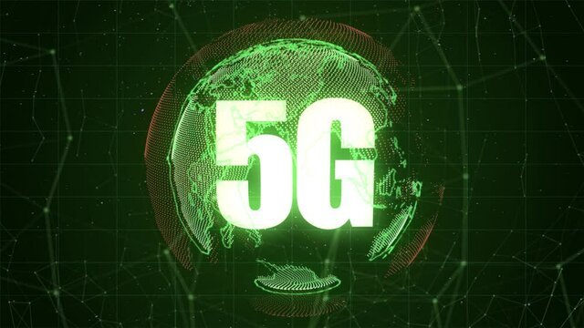 High quality VFX motion graphics animation depicting emerging technology in the 5G cellular connectivity space, with spinning particle Earth globe and abstract plexus design, in green color scheme
