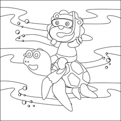 Vector illustration of little turtle and lion are swim in underwater. Creative vector Childish design for kids activity colouring book or page.