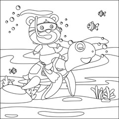Vector illustration of little turtle and tiger are swim in underwater. Creative vector Childish design for kids activity colouring book or page.