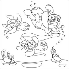 Vector illustration of little turtle and dog are swim in underwater. Creative vector Childish design for kids activity colouring book or page.