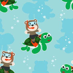 Seamless pattern texture with little turtle and bear are swim in  underwater. For fabric textile, nursery, baby clothes, background, textile, wrapping paper and other decoration.