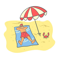 Man lying under umbrella on beach . Hand drawn sunbathing illustration concept