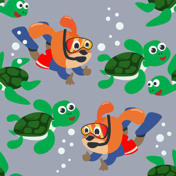 Seamless pattern texture with little turtle and little dog are swim in  underwater. For fabric textile, nursery, baby clothes, background, textile, wrapping paper and other decoration.