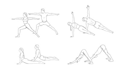 Yoga warrior, dog, cobra and side plank. Woman and man practicing strengthing yoga poses. Hand drawn vector illustration isolated on white background