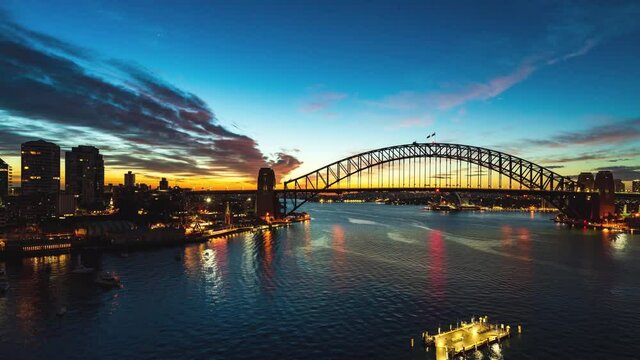Timelapse of Sydney Harbour Bridge, Luna Park and Ferry Wharf at Sunrise