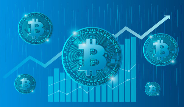 vector illustration, banner for the site on the theme of crypto currency, blockchain technologies. image of bitcoin on a blue background.