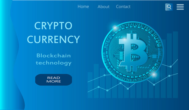 vector illustration, banner for the site on the theme of crypto currency, blockchain technologies. image of bitcoin on a blue background.