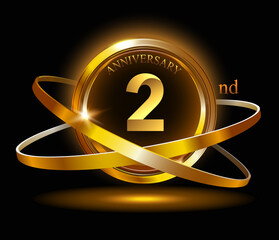 2nd anniversary with gold ring graphic elements on black background