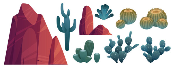 Mountain rocks and cacti, stones with green desert piked plants. Natural elements, wild west nature flora for pc game formation isolated on white background. Cartoon vector illustration, icons set © klyaksun
