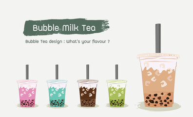 Set of vector flat bubble milk tea, Set of colorful bubble teacup design collection, Pearl milk tea, Yummy drinks, coffee, green tea, and soft drinks.