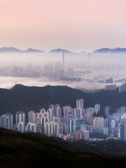 Skyline of Hong Kong city in fog