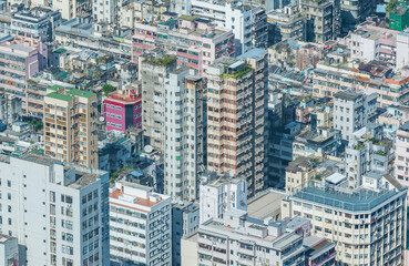 Aerial view of crowded building in Hong Kong city