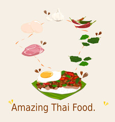 Spicy Thai basil with Pork and Egg (Pad Krapow Moo Sub) vector. it is a very delicious Thai food. Rice topped with stir-fried pork and basil leaves. street food in Thailand.