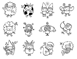 十二星座のかわいい手描きイラストセット