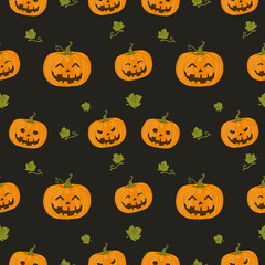 Abstract seamless pattern for girls, boys, kids, Halloween, clothes. Creative sports background with pumpkin, scary face. Funny wallpaper for textile and fabric. Fashion style.
