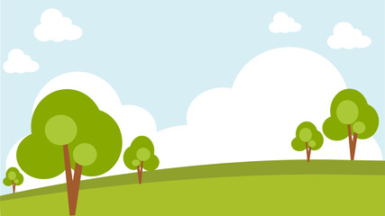 landscape green hill in front of white cloud vector and blue sky. Green grass and tree scenery.