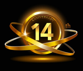 14th anniversary with gold ring graphic elements on black background - obrazy, fototapety, plakaty