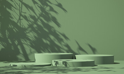 3D green product podium display with green background and tree shadow,summer product mockup background,3D render illustration