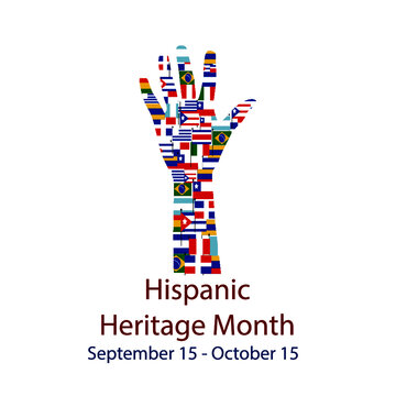  Different Flags of America on silhouette people hand. 
Cultural and ethnic diversity. National Hispanic Heritage Month.