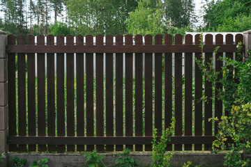 Fence built from wood. Outdoor landscape. Security and privacy concept.