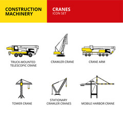 cranes vehicle and transport construction machinery icons set vector