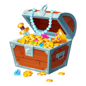 Chest with gold coins, gemstones, crystals and trophy. Pirate treasure in open wooden forged box isolated on white background. Fantasy game asset, mobile application ui element, Cartoon illustration