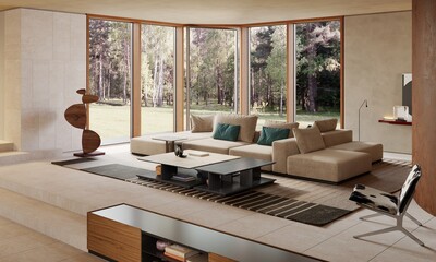 Soggiorno moderno di design italiano di alta qualità, divano modulare, poltrona, scultura, tavolini, madia, rendering 3d