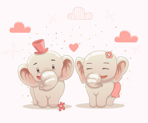 cute elephants couple love each other
