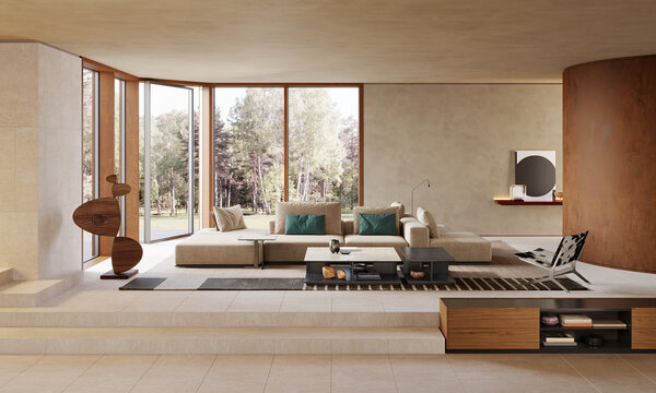 Soggiorno moderno di design italiano di alta qualità, divano modulare, poltrona, scultura, tavolini, madia, rendering 3d