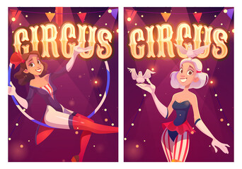 Circus cartoon posters for magic show performance. Big top tent artists aerial gymnast girl and woman with doves. Carnival entertainment on stage, Invitation flyers to funfair amusement vector banners