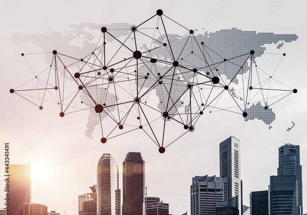 Poster modern city and social net as concept for global networking