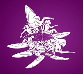 Women Surfer Action Surfing Sport Female Players Cartoon Graphic Vector	
