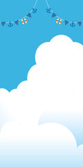 販促サマーセール販促夏のイメージの縦型バナー素材｜背景イラスト　青空と白い雲と夏のガーランド三角旗