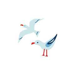 Marine vector doodle seagulls set isolated on white background, decorative flat sign, cartoon sea birds symbols, decorative flat icons for travel design, greeting card, summer invitation